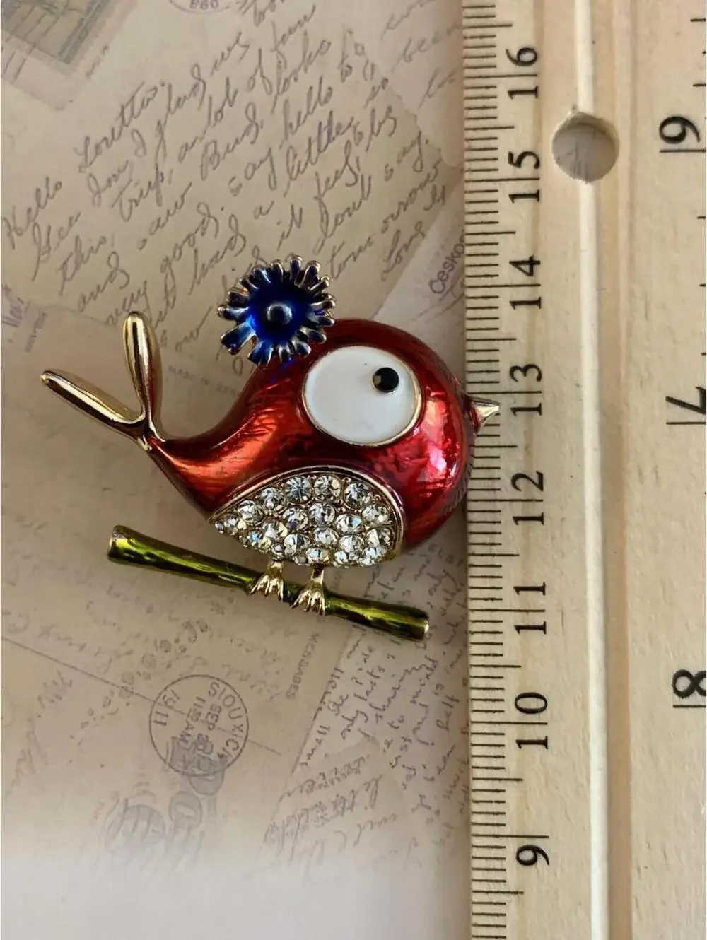 Red Enamel Cartoon Bird Brooch Rhinestones Pave Yellow Metal Whimsical Accessory